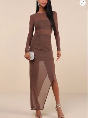 NWT LULUS Alluring Silhouette Dark Brown Sheer Mesh Backless Maxi Dress